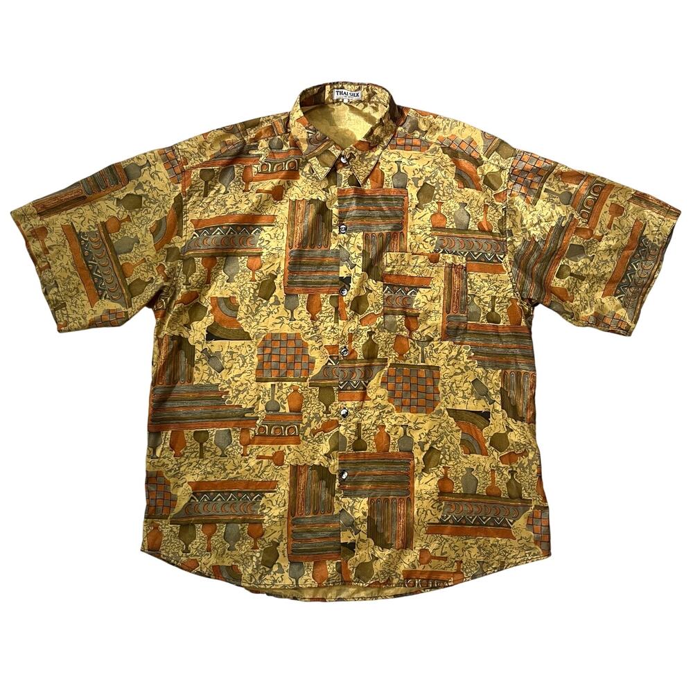 Vintage 80s / 90s Mens Thai Silk Button Down Shirt Short Sleeve // Size 2XL‎